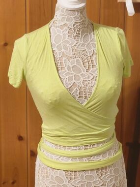 Forever 21 Chartreuse Lime Green Short Sleeve Tie Waist Wrap Top